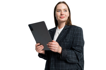 Naklejka premium Professional woman in stylish suit engaging with a tablet, showcasing confidence and modernity in a minimalist setting