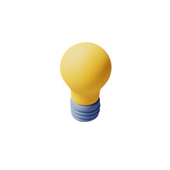 A glowing, yellow lightbulb with a dark-blue screw base, rendered in a 3D style, suggesting creativity and innovation