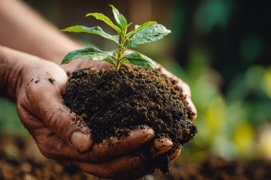 Close up of a hand grasping rich soil with a young plant symbolizing Earth Day s green message