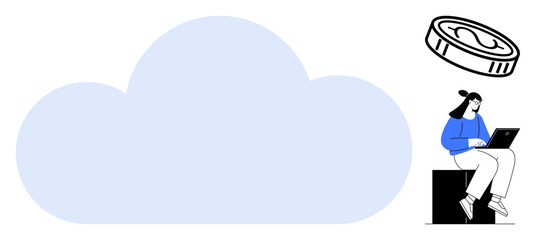 Woman seated with laptop near cloud shape and coin. Ideal for cloud computing, online finance, innovation, tech services, remote work, digital economy, simple flat metaphor