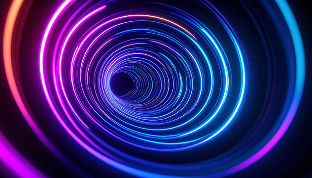 Vibrant neon circles spiral inward, creating an illusion of depth and a glowing tunnel effect against a dark background.  The colors shift from blues and purples to oranges and pinks