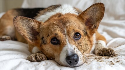 Obraz premium Muddy dog resting on white sheets, paws and face covered in dirt, looking at the camera.