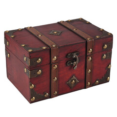 Antique wooden treasure chest with brass accents and leather straps isolated on transparent background