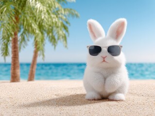 White fluffy bunny wearing sunglasses on a tropical beach, adorable rabbit enjoying a summer vacation.
