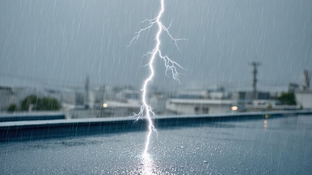 Lightning strike on a wet rooftop during heavy rainfall, blurry city buildings in the background.