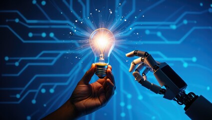 Robot and human hand share glowing light bulb, symbolizing innovation