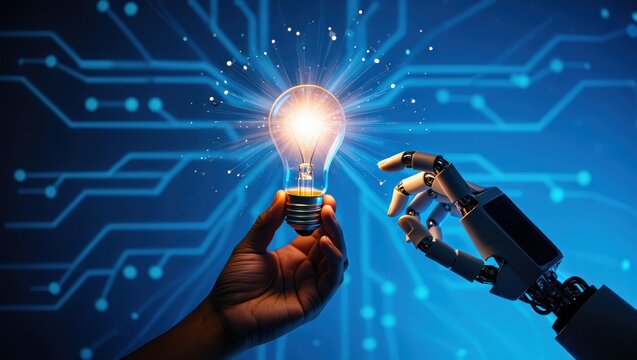 Robot and human hand share glowing light bulb, symbolizing innovation
