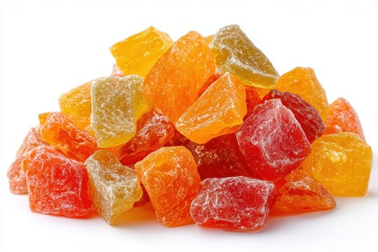 Close up of sugary fruit bits on white featuring sweet dried pineapple orange and papaya used in sweets and muesli