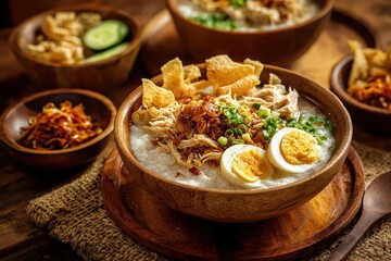 Bandung chicken porridge is a traditional Indonesian dish made of rice porridge shredded chicken cakwe fried dough soybeans crackers leeks and egg