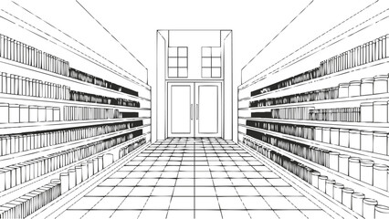 Detailed Perspective Illustration of Empty Library Interior with Long Bookshelves and Tiled Floor for Educational Spaces Reading Rooms Architectural Drawings and Cultural Venues Design