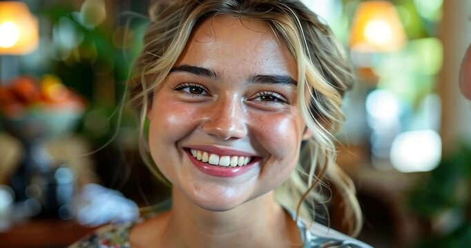 Young woman smiling warmly in a cozy caf? setting