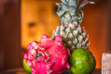 Tropical Fruit Arrangement with Pineapple, Dragon Fruit, and Limes