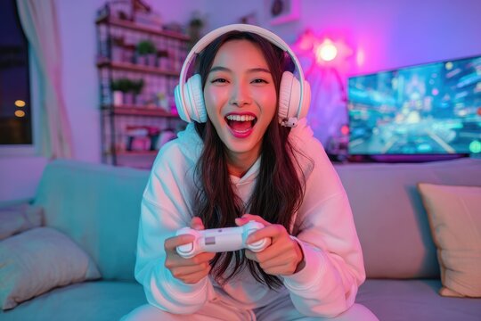 Excited Asian girl gamer competes online with friends using her smartphone while seated on a couch in a vibrant neon lit living room during quarantine