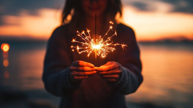 Person holding sparklers at sunset - Powered by Adobe