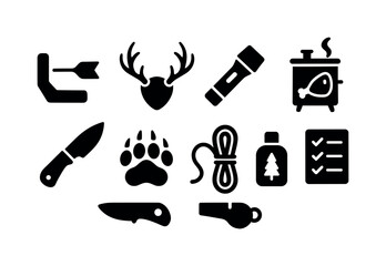 Camping and hiking silhouette icon set. explore outdoor adventure symbols