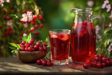 Fresh berry juice in a glass and pitcher A healthy summer refreshment rich in vitamin C enjoyed in a garden setting