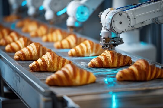 Automated robot transports French pastries on conveyor to bake Idea of intelligent robotics in food sector