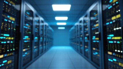 Server room with glowing lights and digital data flow