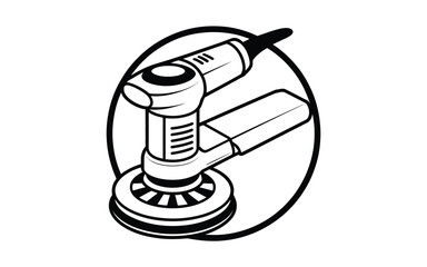 Black and white illustration of a dual action car polisher tool inside a circle