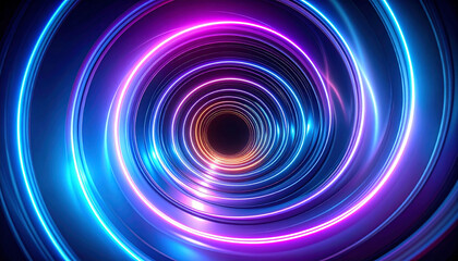 Glowing neon spiral vortex of concentric circles in vibrant blue, pink, and orange hues, creating a hypnotic, energy-filled effect leading to a dark center