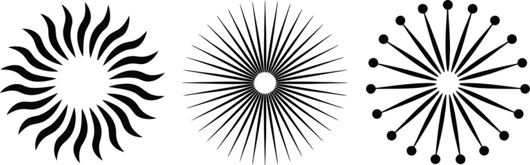 Obraz premium Three abstract geometric starburst and sunburst designs in black on white background