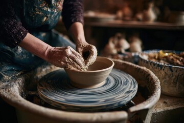 Female crafting a bowl on a pottery wheel