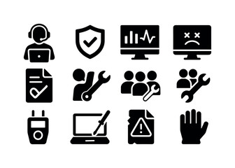 Obraz na płótnie Canvas Technical support silhouette icon set. help desk, tools, computer icons silhouette style
