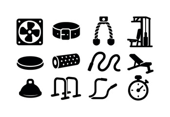 Fitness equipment solid icon set. workout, gym, exercise gear solid collection