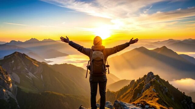 Sunrise hiker celebrates mountaintop view, clouds below