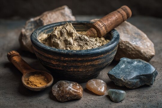 A bowl containing Fuller s Earth clay or Multani mitti along with unrefined stones and mortar