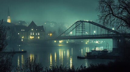 Naklejka premium Atmospheric urban landscape: A bridge over the river in misty, nocturnal ambiance