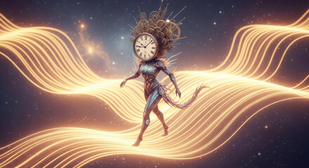 Obraz premium Clockwork woman walking on golden waves fantasy art time concept surreal clock face ai generated image