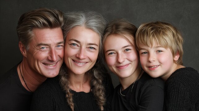 Family portrait featuring mother, father, daughter, and son smiling together against a neutral background