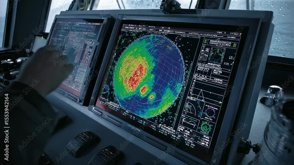 Poster multiple computer screens displaying weather radar data and navigation information on the bridge of 