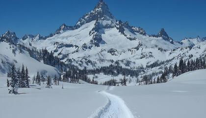 Snowy mountain landscape with a path through the snow, trees dotting the scene under a clear blue sky