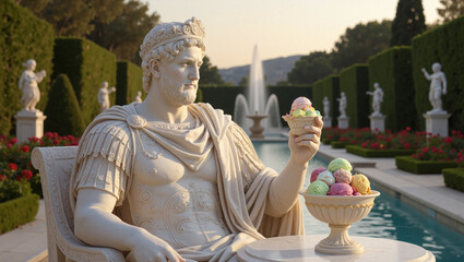 Revived statue of a Roman emperor with an ice cream cone at the garden fountain