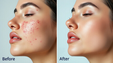 Woman with acne before and after skin treatment on split screen