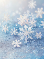 Delicate Sparkling Snowflakes on Soft Pastel Background – Macro Winter Crystals with Dreamy Frozen Detail