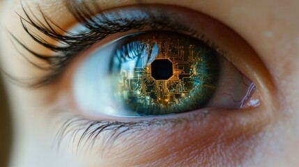 Close-up human eye with circuit board