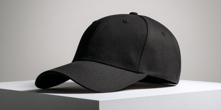 Elegant black premium baseball cap on display against minimalistic backdrop in a studio setting