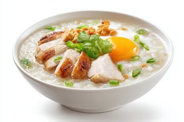 Hong Kong style congee with chicken tofu and egg served on a white background