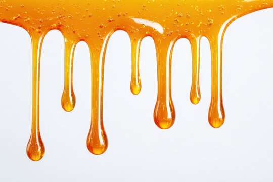 Honey drips alone on a white surface Syrup and nectar droplets