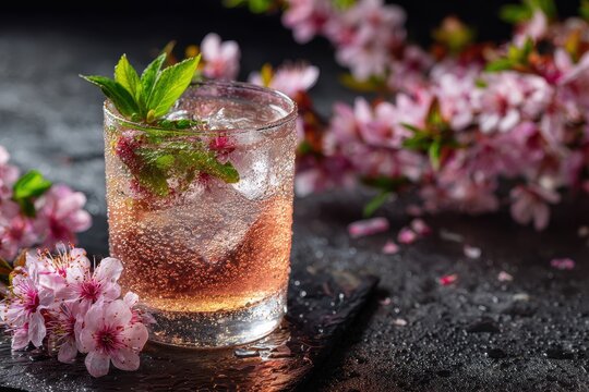Close up of a chilled spring drink in a glass featuring pink champagne cider or lemonade ice and mint with cherry blossoms above on a dark background