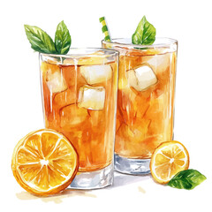 watercolor vector of Cold Citrus Tea Glasses, isolated on a white background.