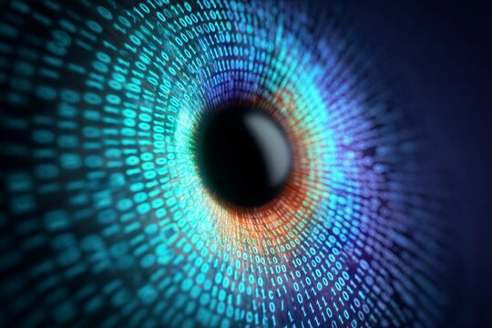 Close-up of digital eye with binary code and colorful light spectrum