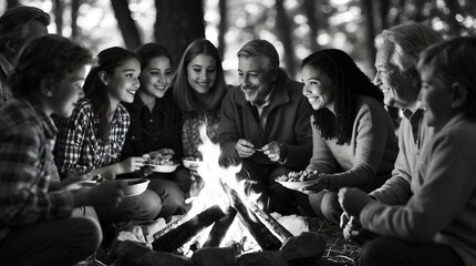 Family and Friends Gather Around a Campfire in the Woods Together