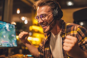 Home Gaming Image of a Joyful Player Triumphing in an Online PC Game Stylish Male Competing in Multiplayer PvP Tournament