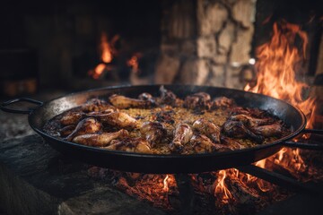 Preparing Valencian paella with chicken and rabbit over an open fire in a large pan