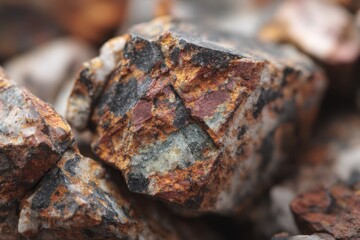 Fototapeta premium Rock consists of magnetite with iron and magnesium oxide along with microsyenite limestone and granite fragments Textures include spotted breccia and collomorphic Location Teis