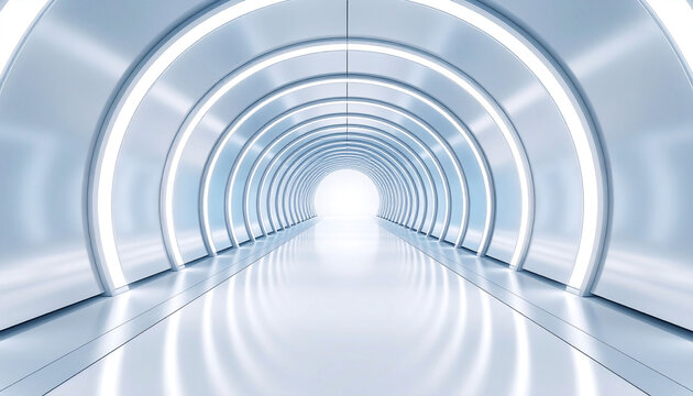 Sleek, light-filled tunnel with arched metallic walls
